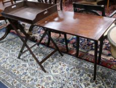 A Victorian mahogany campaign butlers tray on stand with companion serving table W.144cm with leaf