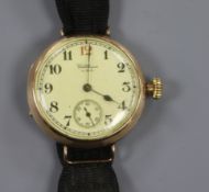 A gentleman's early 20th century 9ct gold Waltham manual wind wrist watch.