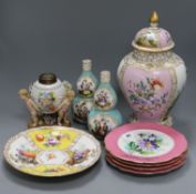 A Crown Dresden jar and cover, a pair of double gourd vases, a figural oil lamp, a Dresden plate and