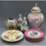 A Crown Dresden jar and cover, a pair of double gourd vases, a figural oil lamp, a Dresden plate and
