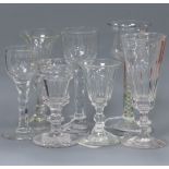 Seven wine glasses, various, including two 18th century examples with faceted stems and another with