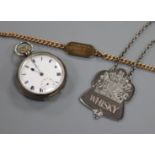 A 9ct gold curb link identity bracelet, a silver Omega pocket watch and a modern silver whisky