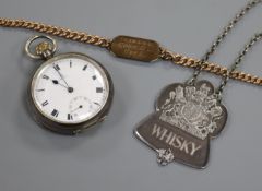 A 9ct gold curb link identity bracelet, a silver Omega pocket watch and a modern silver whisky