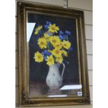 Dorcie Sykes (1908-1998), watercolour, still life of yellow daisies and cornflowers in a jug,