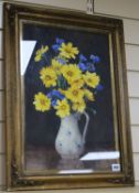 Dorcie Sykes (1908-1998), watercolour, still life of yellow daisies and cornflowers in a jug,