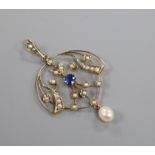 An Edwardian 9ct gold, sapphire and seed pearl set drop pendant, 36mm.