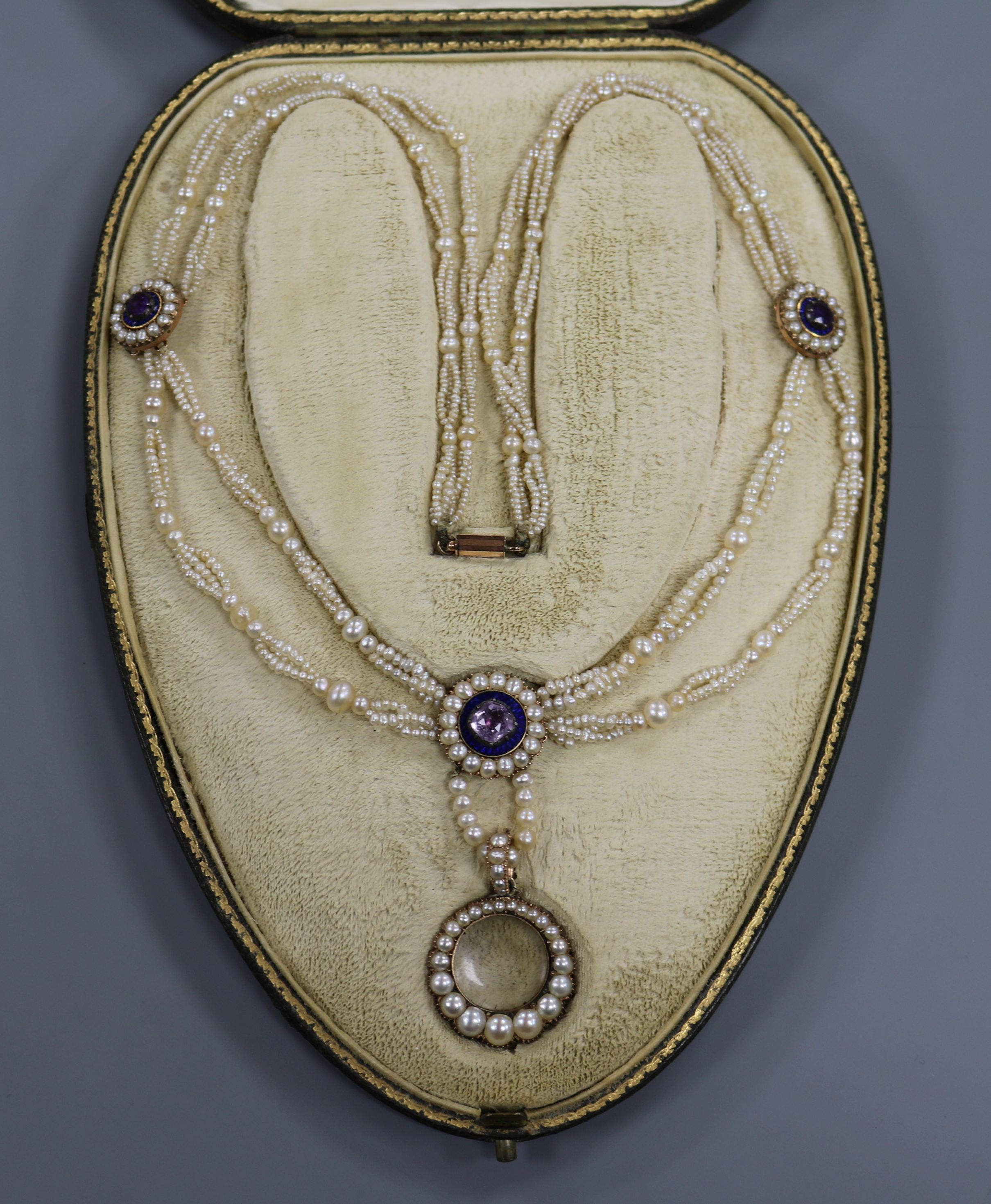 A Regency gold, enamel and amethyst set multi strand seed pearl necklace, with split pearl set - Image 2 of 2