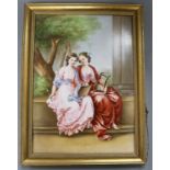 A painted porcelain plaque depicting seated females height 34cm incl. frame