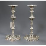 A pair of George II style silver candlesticks, Harrods Ltd, London 1969, 25.8cm, 50.5 oz.