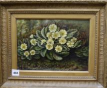J. Castle, oil on canvas, Still life of Primroses, signed and dated 1886, 25 x 34cm