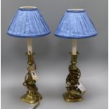 Three ormolu and lustre part electroliers and a pair of Edwardian brass candlesticks (converted to