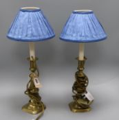 Three ormolu and lustre part electroliers and a pair of Edwardian brass candlesticks (converted to