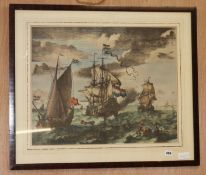 After Jan Houwens, hand coloured print of Dutch ships, 49 x 62.5cm