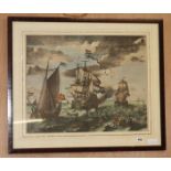 After Jan Houwens, hand coloured print of Dutch ships, 49 x 62.5cm