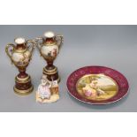 A Meissen seated figure, pair of 'Vienna' vases and 'Vienna' plate Vases 21cm high