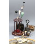 A pin stand, a pocket watch case, a lacquer scent bottle case, a hand-fan, thimbles and a bronze