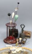 A pin stand, a pocket watch case, a lacquer scent bottle case, a hand-fan, thimbles and a bronze