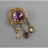 A Victorian yellow metal, amethyst, seed pearl and garnet? set drop 'engagement' brooch, drop 32mm.