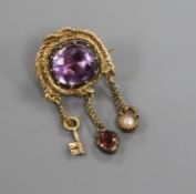 A Victorian yellow metal, amethyst, seed pearl and garnet? set drop 'engagement' brooch, drop 32mm.