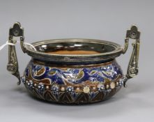 A Doulton Lambeth stoneware and electroplate mounted bowl 8cm high