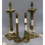 A pair of brass column table lamps and shades and another pair of table lamps and shades tallest