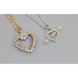 A 9ct white gold and diamond arrow and heart pendant on 9ct white gold chain and a 9ct gold and