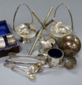A quantity of small silver including pair of baskets and a silver jack trophy with plated stand.