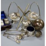 A quantity of small silver including pair of baskets and a silver jack trophy with plated stand.