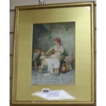 Albert Pierre Roberti, watercolour, Lady bathing children, signed, 26 x 18cm