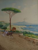 Bonetti, watercolour, Horse and cart before the bay of Naples, signed, 28 x 21cm