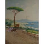 Bonetti, watercolour, Horse and cart before the bay of Naples, signed, 28 x 21cm