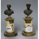 A pair of early 19th century bronze busts on plinths 17cm high