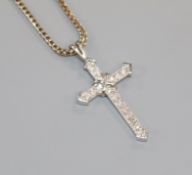 A 9ct white gold and diamond set cross pendant on an 18ct white gold chain, pendant 25mm.