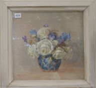 Norah Helen Cullen (1886-1969), oil on canvas, still life of white roses and pansies in a ginger