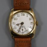A gentleman's 1940's 9ct gold Longines manual wind wrist watch, on associated leather strap.
