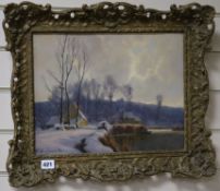 Herman Dieste (German b.1931), oil on canvas, River landscape under snow, signed, (Gladwell label