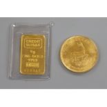 A gold 1/4 Krugerrand, a credit suisse 5g gold bar.