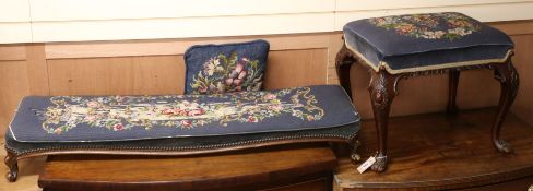 A mahogany stool and a Victorian footstool W.125 and 58cm