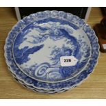 A Japanese Wan Li blue and white plate, a pair of scalloped plates and an Imari plate