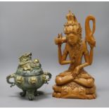 A bronze dragon censer and cover and an SE Asian wood figure of a deity Carving 43cm
