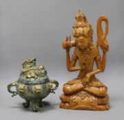 A bronze dragon censer and cover and an SE Asian wood figure of a deity Carving 43cm