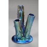 A Steuben Aurene iridescent glass triple spill vase 15cm high