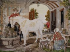 A large Victorian Berlin needlepoint picture of a cavalier watering his horses, gilt frame, 107 x