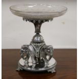 A Victorian plated fruit stand with elephant base and cut glass dish