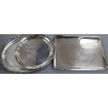 A George V silver dressing table tray, a 1920's silver salver and an 800 oval dish. 34.5 oz.