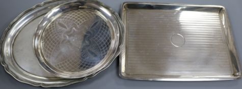 A George V silver dressing table tray, a 1920's silver salver and an 800 oval dish. 34.5 oz.