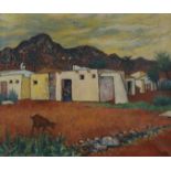 Guus Melai (Dutch 1923-2000), oil on board, Landscape with adobe houses and a goat on the