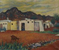 Guus Melai (Dutch 1923-2000), oil on board, Landscape with adobe houses and a goat on the