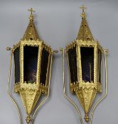 A pair of gilt and stained glass church lamps 65cm high