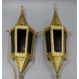 A pair of gilt and stained glass church lamps 65cm high